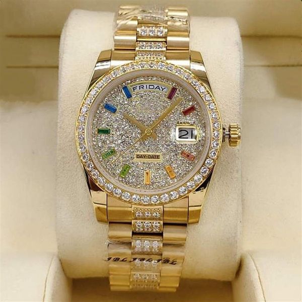 Homens e mulheres relógios mecânicos automáticos 36mm safira arco-íris literal pulseira broca anel de aço inoxidável fivela dobrável water2875