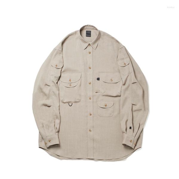 Мужские повседневные рубашки PIER39s, японский винтажный свободный хлопковый льняной комплект для охоты с несколькими карманами, рубашка с длинными рукавами, темно-синий, с одной грудью