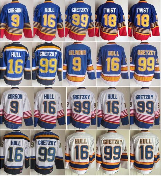 Erkekler Retro Hokey 16 Brett Hull Jersey Vintage Classic 9 Doug Gilmour 99 Wayne Gretzky 18 Tony Twist 2 Al Macinnis 44 Chris Pronger 1995 1996 CCM Dikişli Kırmızı Mavi Beyaz