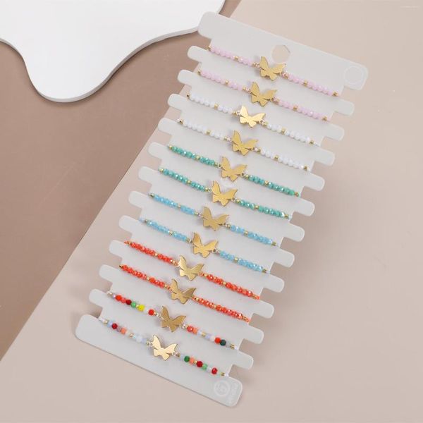 Charme Pulseiras 12 pcs Colorido Grânulos de Cristal Banhado A Ouro Cor Borboleta Pulseira Artesanal Trançado Ajustável Mulheres Sorte Jóias Amigos