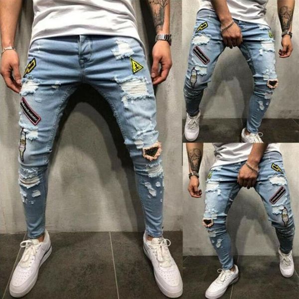 Mens Hip Hop Stretchy Rasgado Jeans Skinny Destruído Desfiado Slim Fit Calças Jeans Calças Men291u