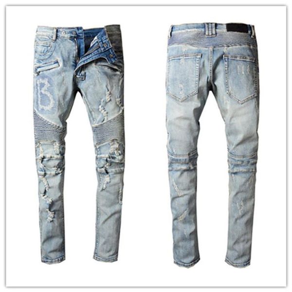 Qualidade superior rasgado jeans dos homens grande b melhor motociclista retor caber motocicleta motociclista plantas botão jean s inteiro magro-perna denim pant3108