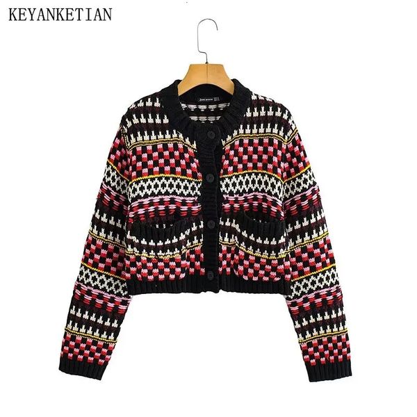 Womens Knits Tees KEYANKETIAN Outono e Inverno Vintage Jacquard Malha Cardigan Étnico Retro Colorido Curto Camisola Jaqueta Mulheres Top 231005