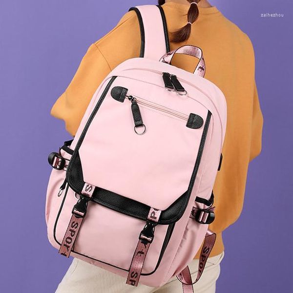 Schultaschen, modische Leinwand-Schultasche, USB-Anschluss, Studenten-Büchertasche, schwarz, rosa, Teenager-Rucksack, groß für Mädchen im Teenageralter