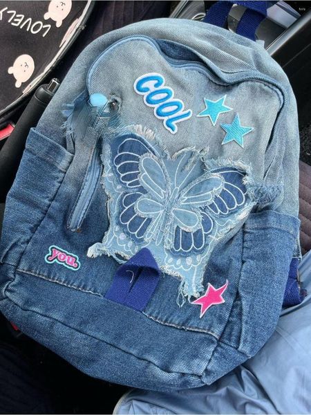 Okul Çantaları Koreli Vintage Boya Denim Sırt Çantası Y2K Kelebek Patchwork Estetik Serin Tepeli Tatlı Kız Mochila Schoolbag