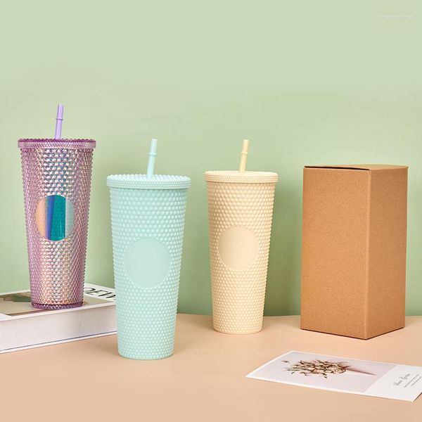 Tumblers Çift Duvar DIY 710ml 24oz Pastel Renk Plastik Plastik Durian Tumbler Cup Saman ve Kapaklı Logo Yok