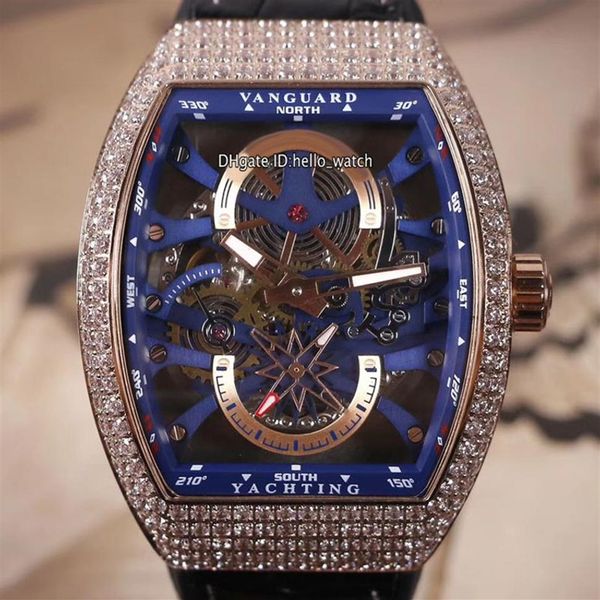 Yeni Vanguard yatlama gül altın kılıfı v45 s6 yat iskelet kadranı tourbillon otomatik erkek izle elmas çerçeve deri lastik strap198h