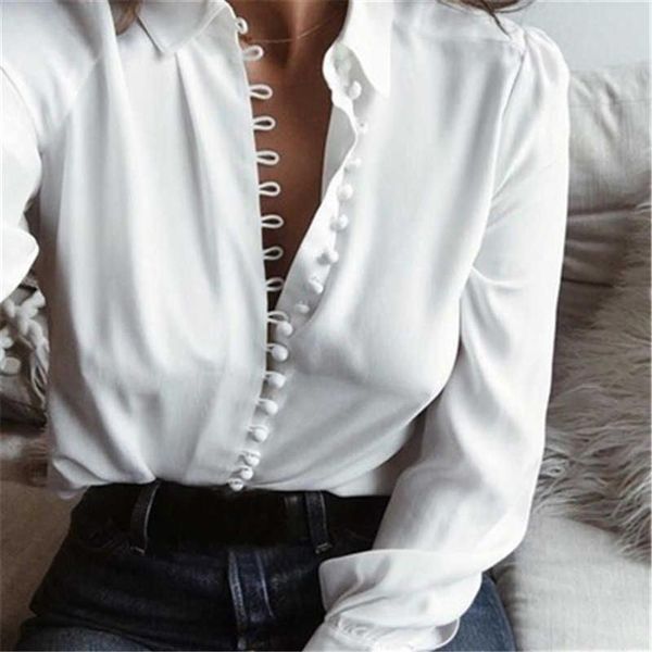 5XL Plus Size Autunno Donna Top Camicette in chiffon Manica lunga Blusas con bottoni Sexy Camicie da ufficio per donna Bianco Nero Blu Rosso Giallo T2261I