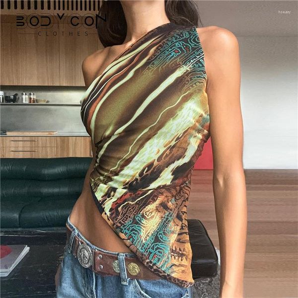 Damen-Tanks, figurbetont, abstrakter Druck, Tank-Tops, Y2k-T-Shirts, Sommerkleidung für Frauen 2023, trendiges sexy asymmetrisches One-Shoulder-Crop-Top