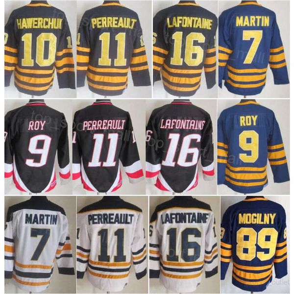 Homens Retro Hóquei 16 Pat LaFontaine Jerseys Vintage Clássico 7 Rick Martin 9 Derek Roy 10 Hawerchuk 11 Gilbert Perreault 89 Mogilny 26 Thoma Vanek 30 Ryan Miller CCM