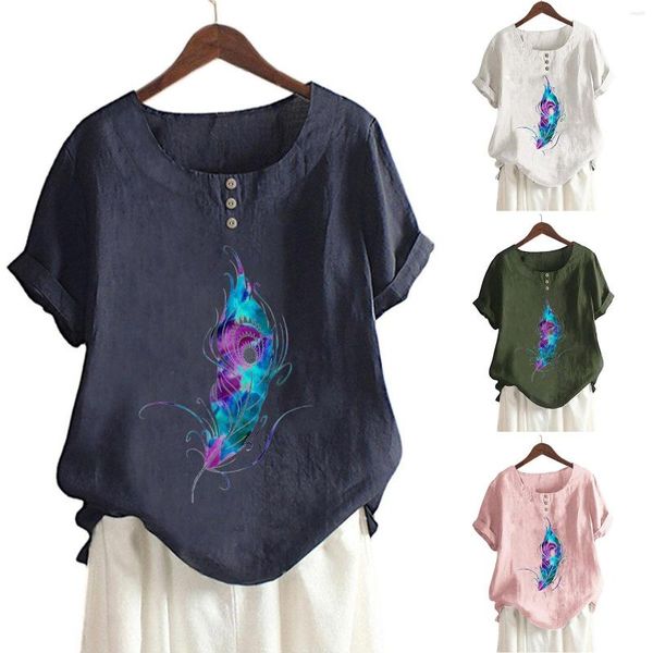 Mulheres camisetas Mulheres Verão Redondo Pescoço ButtonPrint Camisa de Manga Curta Top Blusa Gráfico Womens Tailo Button Down