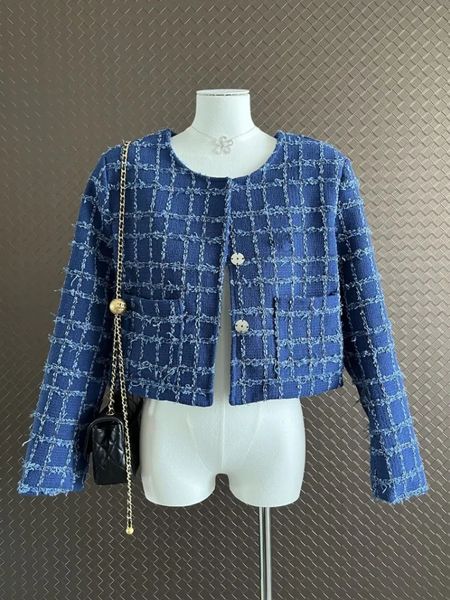 Mulheres Hoodies Moletons High Street Pequeno Perfumado Tweed Azul Xadrez Casacos Borlas Jaqueta Roupas Femininas Chic Outwear Top Casaco Overcoat 231005