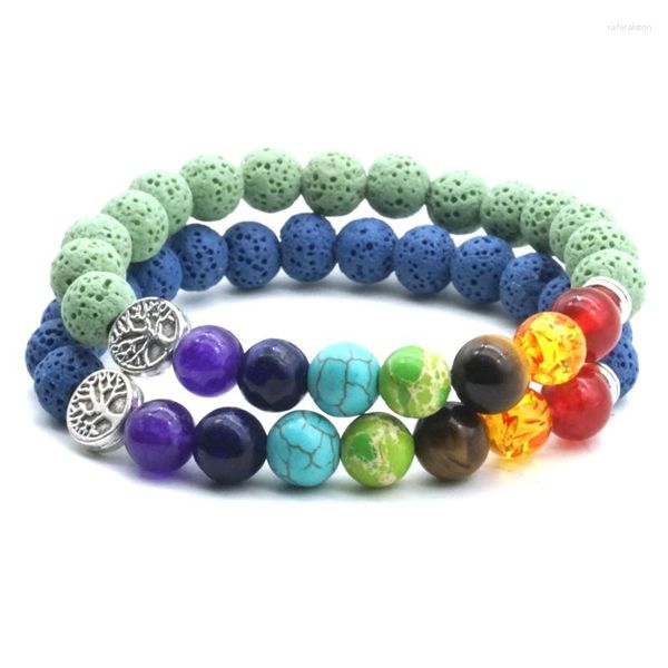 Strang 8mm Sieben Chakren Baum des Lebens Charms Bunte Lavasteinperlen DIY Ätherisches Öl Diffusor Armband Yoga Schmuck