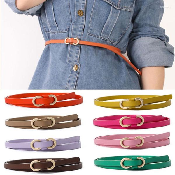 Cintos de couro de cor sólida feminino cinto jeans vestido clássico retro simples fivela redonda pino cintura all-match livre perfuração pequena