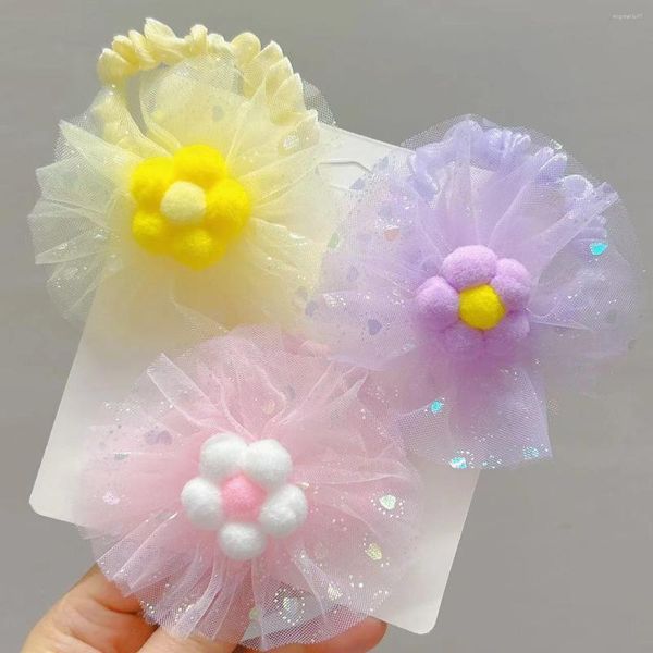 Acessórios de cabelo 2pcs Glitter Círculo Fio Flor Faixas Elásticas para Meninas Pom Floral Corda Ruber Band Ponytail Laços