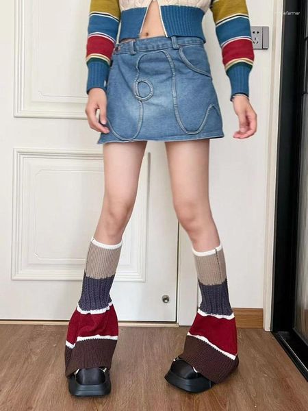 Meias femininas japonesas kawaii flare pés listrados retalhos grunge malha harajuku vintage y2k joelho longo