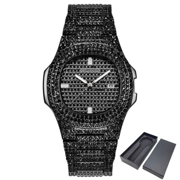 Ice-out bling diamante relógio para homens mulheres hip hop masculino relógios de quartzo banda de aço inoxidável relógio de pulso de negócios homem unissex presente cx21988