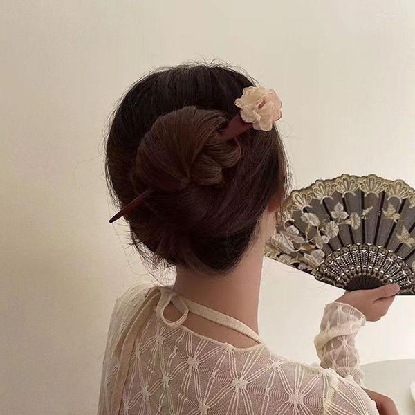 Fermagli per capelli Bastoni vintage Legno ebanizzato nero Fiore rosa Accessori Hanfu cinese per le donne 2023 Gioielli antichi forcine