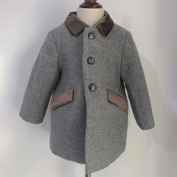 Mantel Kinder Boutique Kleidung Winter Junge Grau Wolle Fischgrätenmuster Britische Warme Steppjacke Eid-Kleidung für das Jahr 231008