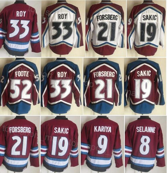 Männer Retro Hockey 52 Adam Foote Jersey Vintage Classic 21 Peter Forsberg 19 Joe Sakic 33 Patrick Roy 8 Teemu Selanne 9 Paul Kariya Retire CCM genäht für Sportfans