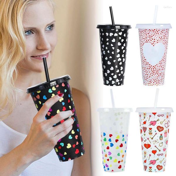 Tumblers cor mudando copos copo de café gelado com tampa palha tumbler discor reutilizável engraçado caneca de coração para adultos criança festa feminina