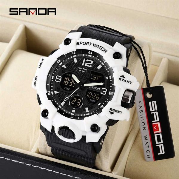 Sanda relógio militar masculino estilo g, relógio esportivo branco led digital 50m à prova d'água s shock relógio masculino g1022188d