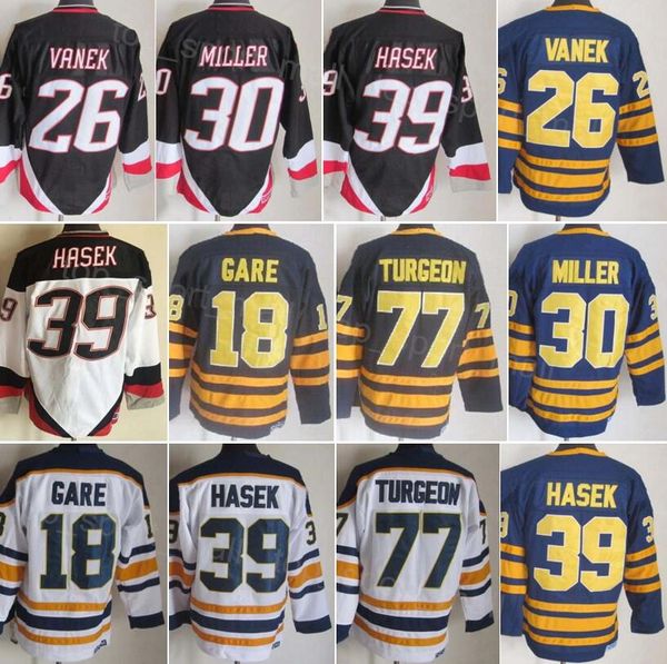 Männer Retro Hockey 26 Thoma Vanek Trikot 18 Danny Gare 30 Ryan Miller 39 Dominic Hasek 77 Pierre Turgeon 16 Pat LaFontaine 89 Mogilny Vintage Alle Nähte Marineweiß