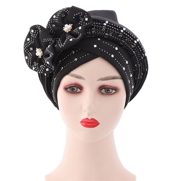 Beanie Schädelkappen HanXi Luxus Strass Perle Afrikanische Hut Beanie Frauen Blume Auto Gele Headtie Dame Nigerian Turban Muslim Cap285t