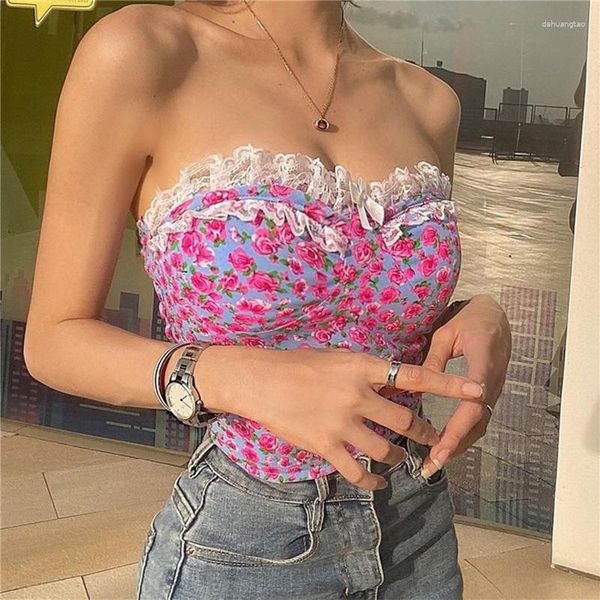 Canotte da donna Musuos Corsetto estivo sexy Crop Top Donna Stampa floreale con spalle scoperte Top in pizzo senza schienale Beach Street Lady Vest