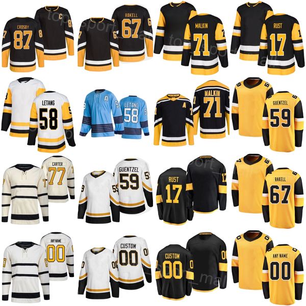 Erkekler Kadın Hokey 87 Sidney Crosby Jersey 71 Evgeni Malkin 59 Jake Guentzel 67 Rickard Rakell 17 Bryan Rust 58 Kris Letang 77 Jeff Carter Siyah Beyaz Sarı Sarı