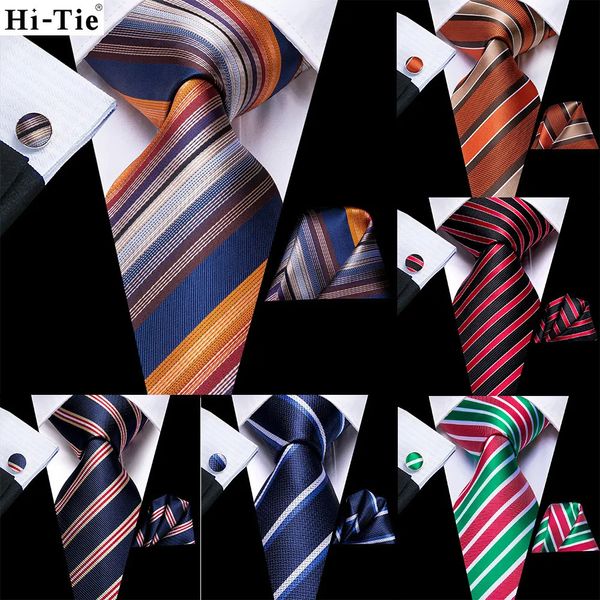 Bow Ties Hi Tie turuncu mavi çizgili ipek düğün kravat erkekler için hanky cufflink hediye nicktie iş partisi damla moda tasarımcısı 231005