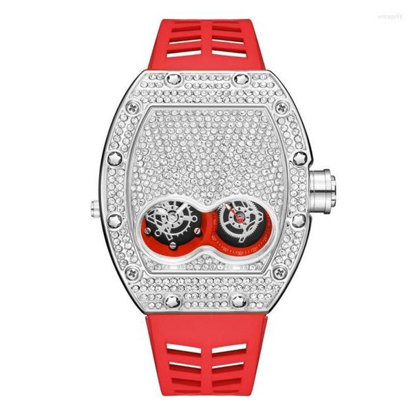 Relógios de pulso Pintime Original Luxo Full Diamond Iced Out Watch Bling-Ed Rose Gold Case Vermelho Silicone Strap Quartz Relógio para Men254L