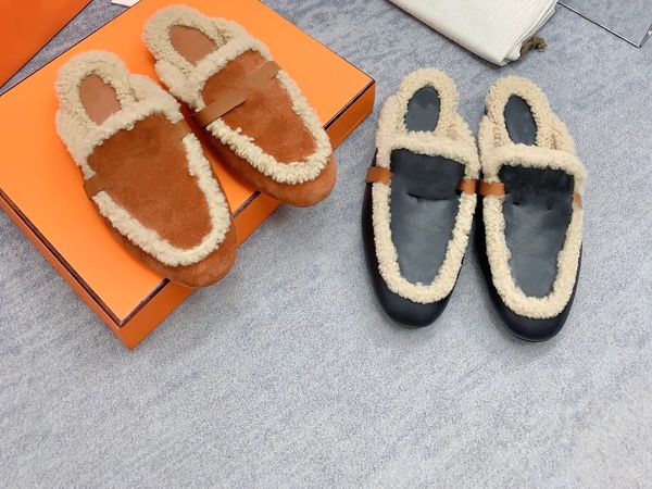 Top-Designer-Luxus-Sandalen aus Schaffell und Wollfell, Slipper, halbe Schleppe, warmer Winter, silberne Schnalle