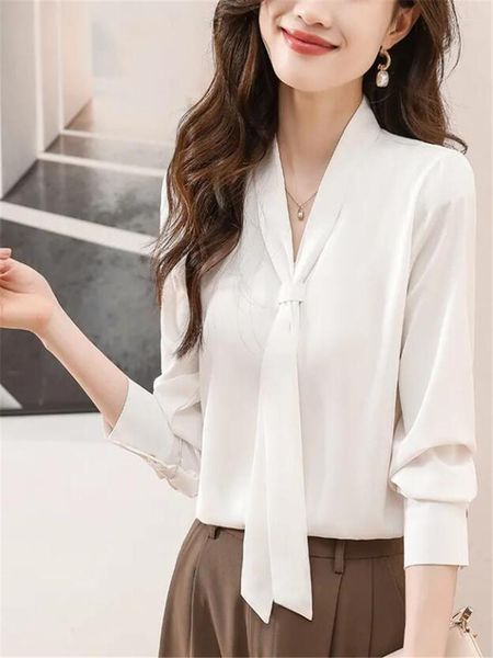 Blusas femininas camisa de fita branco chiffon pulôver topos com decote em v manga longa para mulheres arco solto feminino elegante bloue