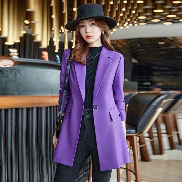 Abiti da donna Autunno Inverno Donna Blazer medio lungo Donna Bottone singolo Nero Viola Giacca casual femminile Cappotto Capispalla da ufficio