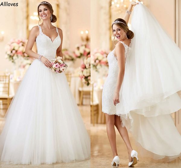 Glamourosa renda aplicada uma linha vestidos de casamento com trem destacável mini bainha curta recepção vestidos de noiva com alças finas Robes de Mariee CL2764