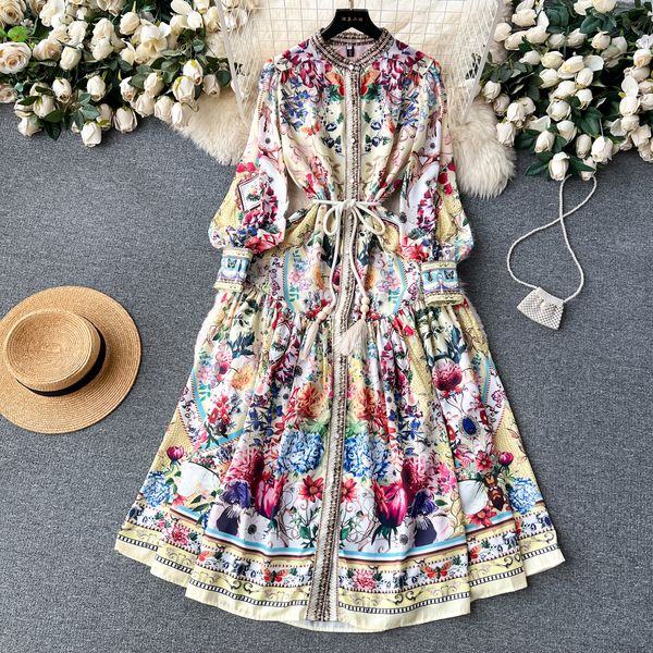 Vestidos casuais básicos outono runway feminino gola longa lanterna manga flor impressão único breasted cinto babados plissado maxi vestidos 2024