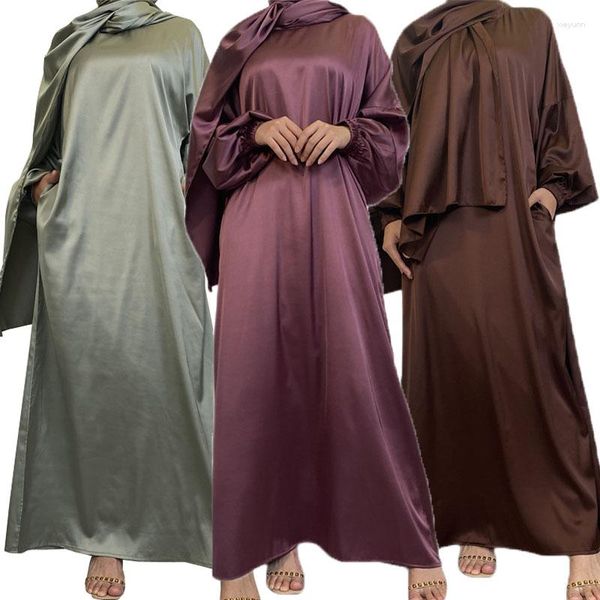 Roupas étnicas Cetim Muçulmano Abaya Mulheres Manga Longa Maxi Vestido Hijab Dubai Kaftan Árabe Islâmico Ramadan Eid Robe Djellaba Turquia Jalabiya