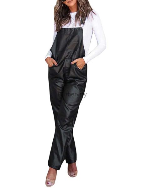 Damen-Overalls, Strampler, Damen-Overall aus Kunstleder, ärmellos, mit Cargo-Taschen – lockere Latzhose in einfarbiger Farbe für den lässigen StilL231005