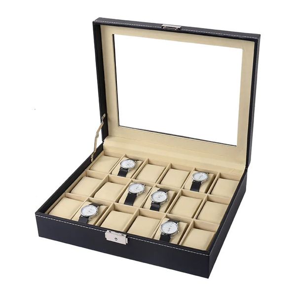 Custodie per scatole per orologi Custodie per orologi beige con slot multipli Custodia per gioielli grigia Custodia in pelle PU Scatola per orologi con finestra in vetro magnetico 230928