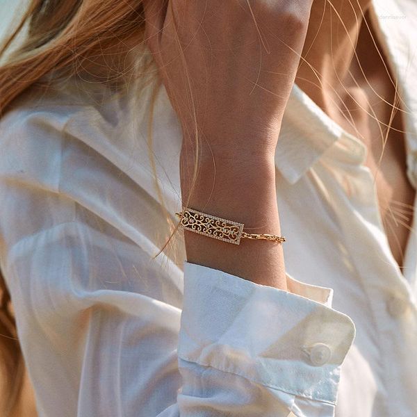 Strand CCGOOD rettangolo intagliato fiore scava fuori design braccialetto con strass per le donne placcato oro 18 carati gioielli di lusso Pulseras Mujer