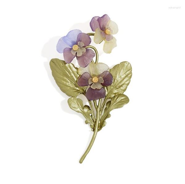 Spille CSxjd Spilla viola del pensiero in vero metallo bronzo tre fiori pianta temperamento semplice accessori femminili creativi