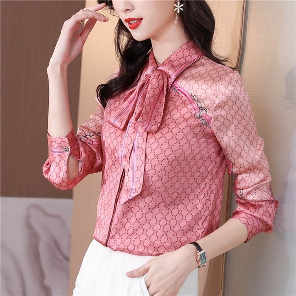 Vintage lapela fita arco rosa camisa para mulheres manga longa designer de luxo blusas de cetim de seda 2023 outono inverno clássico botão acima camisa escritório senhoras chiques pista topos