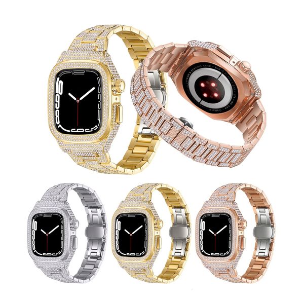Kit de modificação de diamante de luxo para Apple Watch série S9 9 8 7 45mm Faixa de diamante brilhante com capa iwatch 6 5 SE 41mm Acessórios