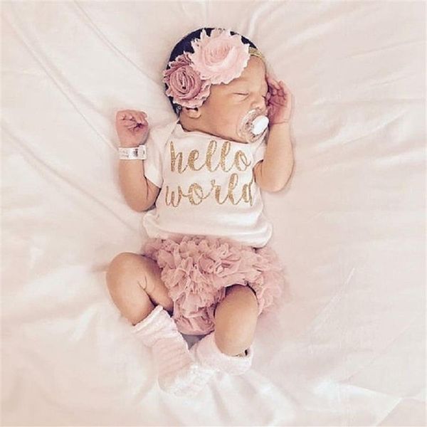 EAZII Hello World Print nato neonato neonata pagliaccetto tuta con biancheria intima manica corta prendisole vestiti estivi outfit 0-24M 21082815