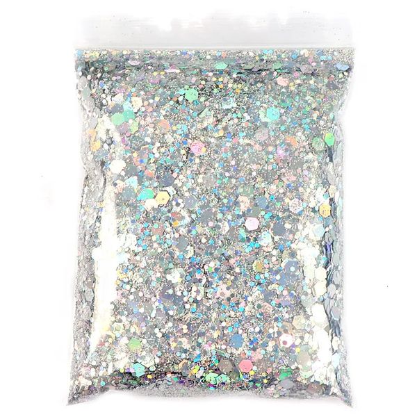 Pós acrílicos Líquidos 50G Holográfico Misto Hexágono Forma Chunky Nail Glitter Prata Lantejoulas Laser Sparkly Flakes Fatias Manicure Nails Art Decoração 231005