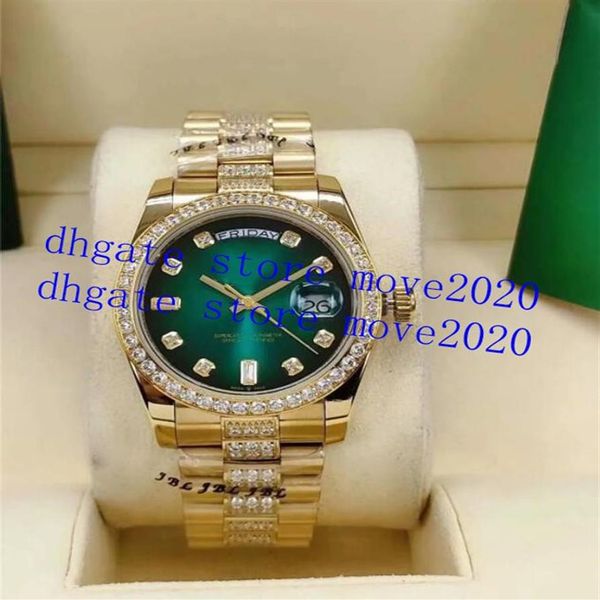 move2020 Orologio automatico da uomo 128348 Cassa in oro da 36 mm, lunetta con pietre e diamanti al centro del bracciale, orologio da polso con quadrante verde C5152P