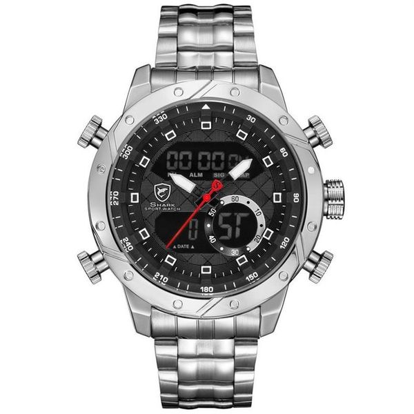 Snaggletooth Shark Спортивные часы с ЖК-дисплеем и автоматической датой, будильник, хронограф со стальным ремешком, двойное время, мужские кварцевые цифровые наручные часы Relogio sh589 Y288E