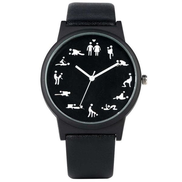 Kreative lustige Quarzuhr für Herren, schwarzes Zifferblatt, Quarzuhren, bequeme schwarze Lederarmband-Armbanduhr für Herren, H1012255t