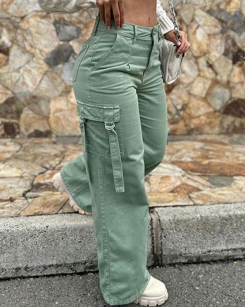 Calças de brim femininas verde carga calças bolso design cintura alta botão cor sólida 2023 verão moda solta streetwear